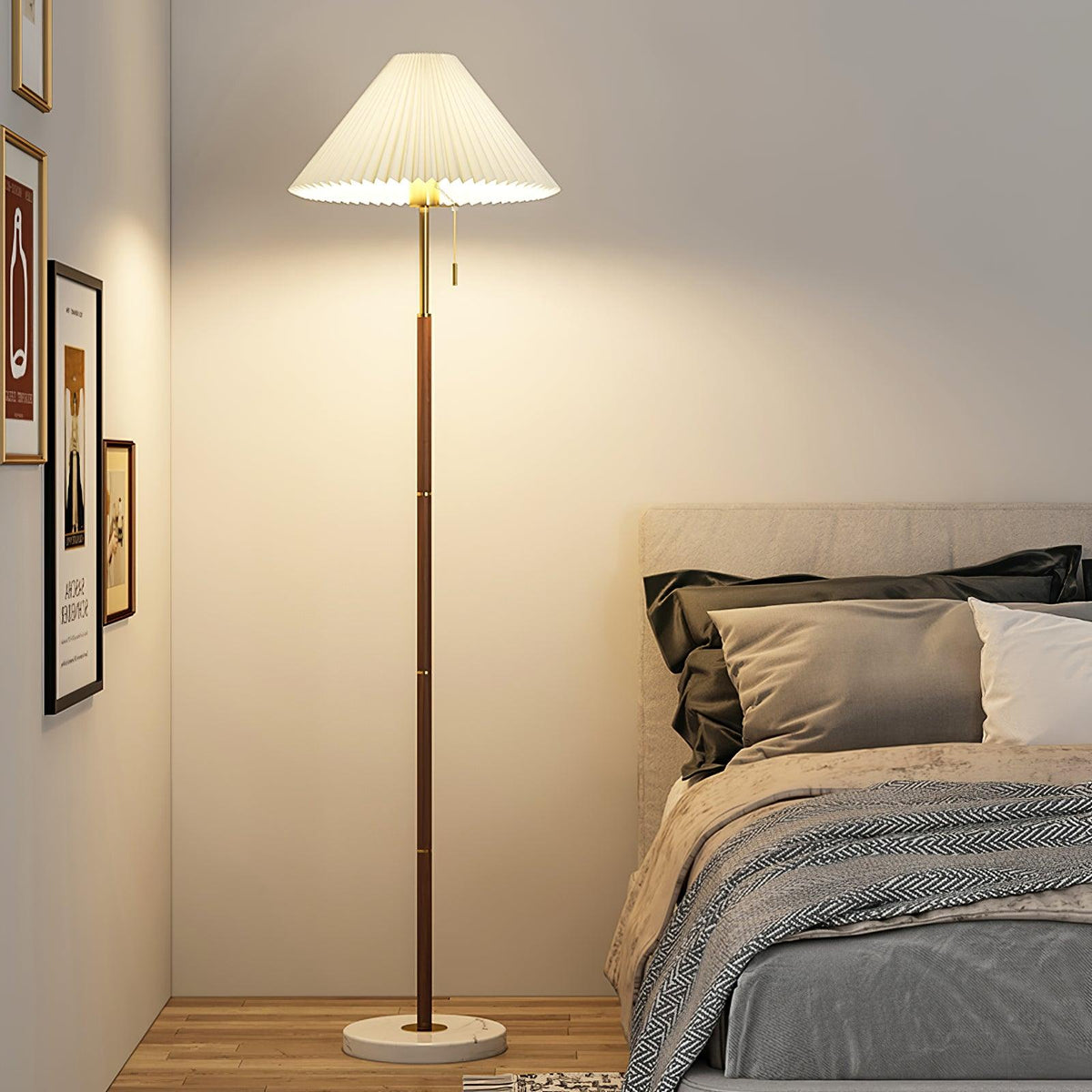 Vintage Pleated Floor Lamp ∅ 11″ x H 66″/ Dia 28cm x H 168cm / Walnut & White / US plug Floor lamp