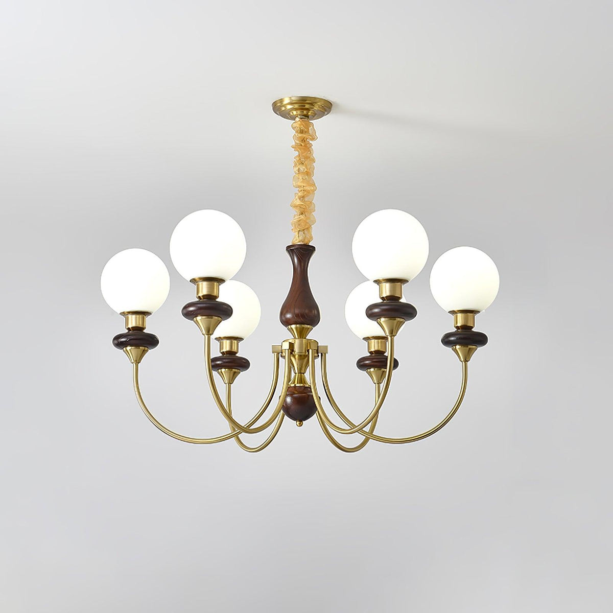 Retro Monique Chandelier 6 lamps ∅ 33.5″ x H 18.9″ / Dia 85cm x H 48cm / Brass & White & Walnut Chandelier