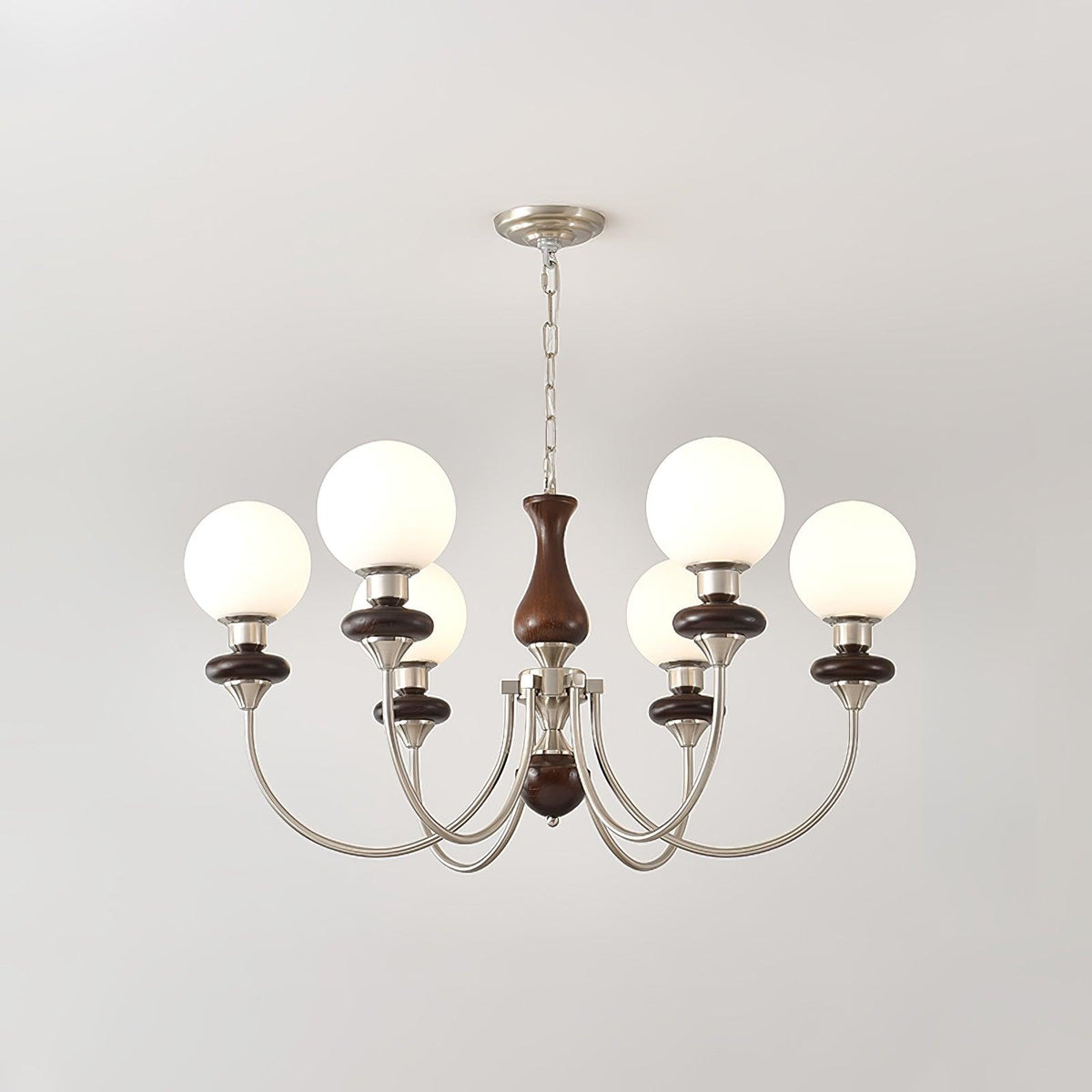 Retro Monique Chandelier 6 lamps ∅ 33.5″ x H 18.9″ / Dia 85cm x H 48cm / Chrome (Iron) & White & Walnut Chandelier