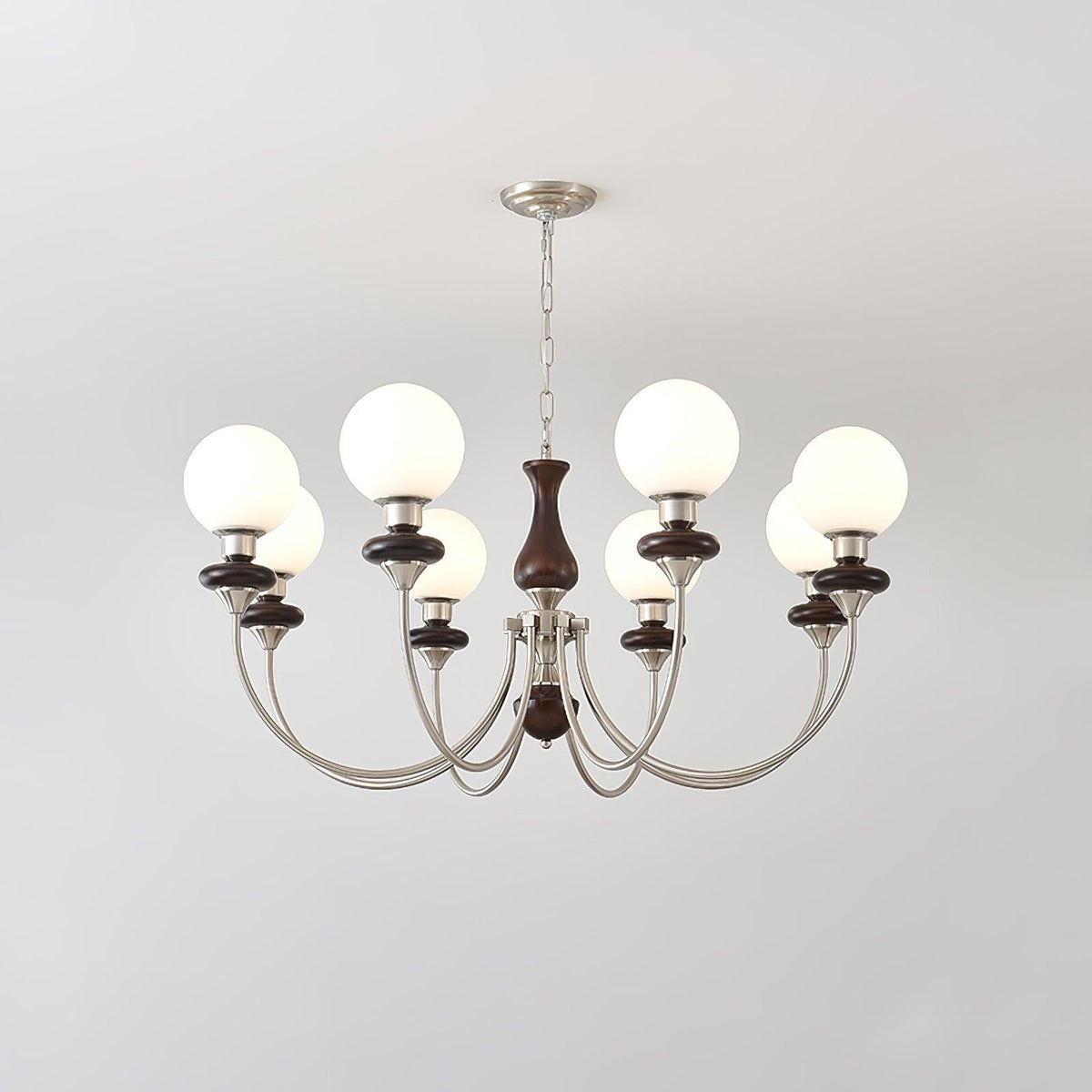 Retro Monique Chandelier 8 lamps ∅ 39.4″ x H 18.9″ / Dia 100cm x H 48cm / Chrome (Iron) & White & Walnut Chandelier