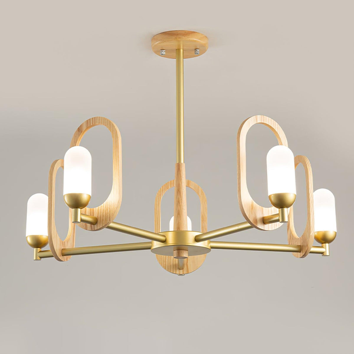 Wood Art Halo Chandelier 5 Heads ? 27.6″ x H 17.7″/ Dia 70cm x H 45cm / Wood Color & Gold Chandelier